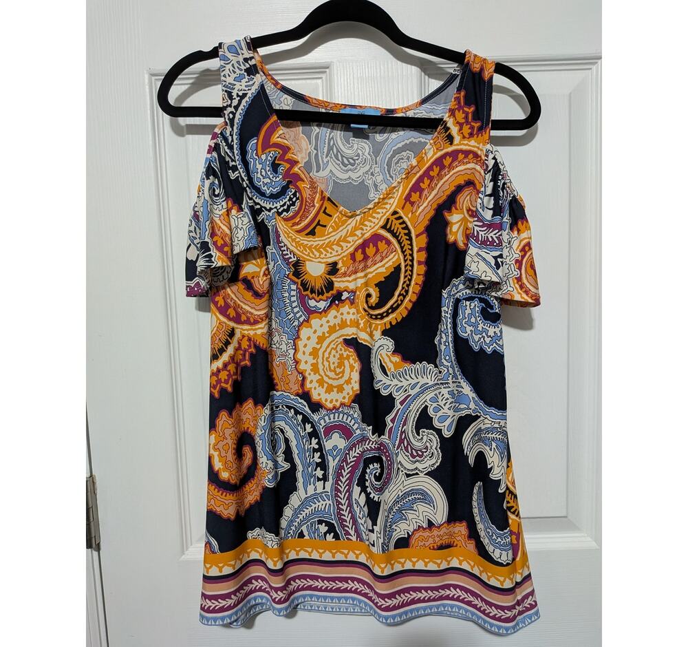 CeCe Paisley Cold Shoulder Top Medium M Navy Orange Flutter Sleeve Border Hem